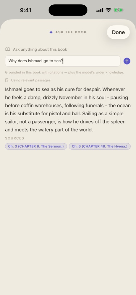 Ask the Book panel answering a question about Moby-Dick with cited chapters