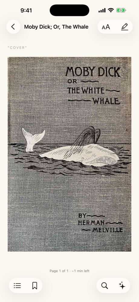 Readr on iPhone showing the 1892 cover of Moby-Dick rendered full page